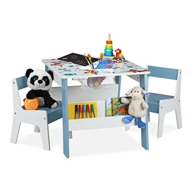 Image of Children&#039;s Furniture Set, Dog Motif, 2 Chairs, Table with Storage Space &amp; Blackboard, 51x60x60 cm, Colourful Relaxdays
