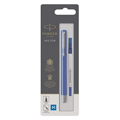 Image of Parker Medium Point Vector Rollerball Pen, Blue with Chrome Trim, Ink, Blister Pack
