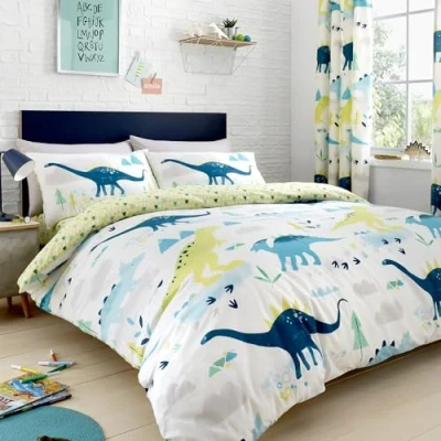Image of Bedlam Glow in the Dark Dinosaur Duvet Cover Double Bedding Size (200 x 200cm) Reversible Designs (Geometric Triangle) for Kids Bedroom Accessories
