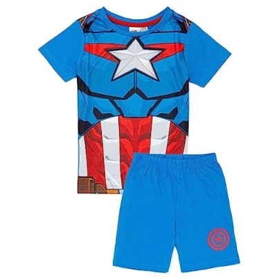 Image of Marvel Captain America Boys Pyjama Set Kids T Shirt and Shorts PJs Mighty Blue Suit Loungewear Costume Complete Superhero Pajamas for Children Cosy Nightwear