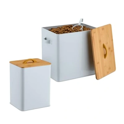 Image of Relaxdays Food Storage Box, Set of 2, Different Sizes, with Bamboo Lid &amp; Spoon, Iron, Store Dry Pet Feed, White/Natural, 29.5 x 20.5 28 cm