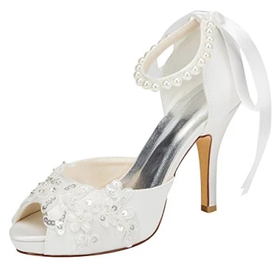 Image of Emily Bridal Wedding Shoes Peep High Heel Ivory Ankle Strap Pearl Sequined with Ribbon Bow (EU40/UK7, Ivory)