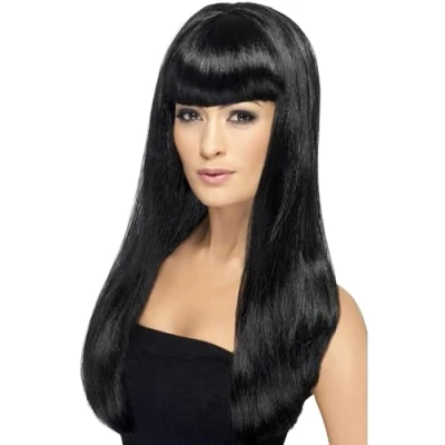 Image of Smiffys Babelicious Wig, Black Long, Straight with Fringe, Ladies Glamour Wigs Fancy Dress, Adult Dress Up