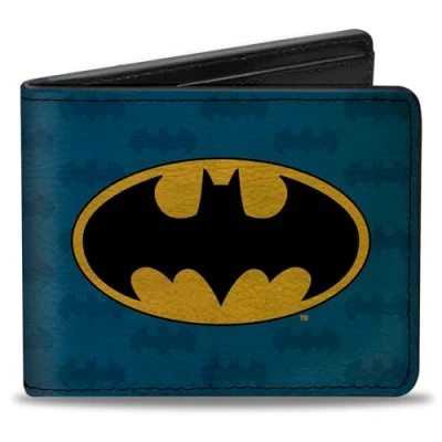 Image of Buckle Down Unisex Adult&#039;s Bifold Wallet Batman Bi Fold, Distressed Blues/Black/Yellow, 4.0&quot; x 3.5&quot;