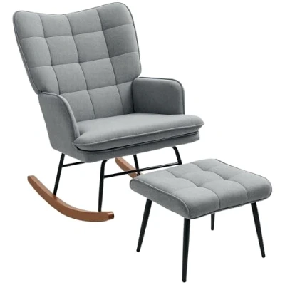 Image of HOMCOM Rocking Chair and Ottoman Set, Fabric Armchair with Footstool, Wingback for Living Room Bedroom, Grey