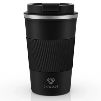 Image of CS COSDDI Travel Mugs, Insulated Coffee Cup with Leakproof Lid Reusable Cups Car Stainless Steel Mug for Hot and Cold Water Tea (Black A, 380 ml)