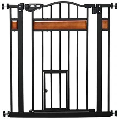 Image of PawHut Dog Gate Pet Safety W/ Cat Door Auto Close Pine Decor 74 80 centimeters Wide