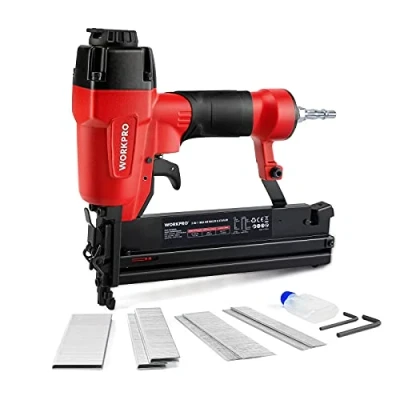 Image of WORKPRO Air Brad Nailer Gun 50mm, 2 in 1 Nail Gun/Upholstery Stapler, Accepts 18G Nails 15 50mm &amp; Type 90 Staples 16 40mm, Lightweight Aluminum Body, Come with 400pcs and 300pcs