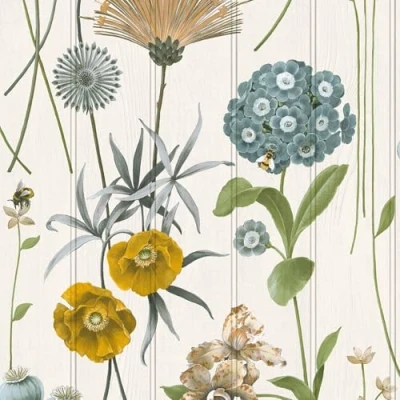Image of Botanist Floral Flower Themed Wallpaper on Wood Panel Effect Background Perfect for Dining Rooms, Bedrooms, Cottage Style White/Green Belgravia 4772
