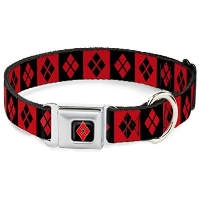 Image of Buckle Down Seatbelt Dog Collar Harley Quinn Diamond Blocks Red/Black Black/Red 1.5&quot; Wide Fits 18 32&quot; Neck Large
