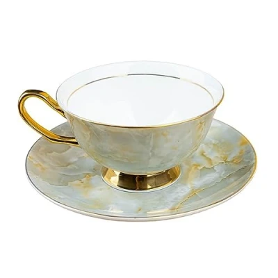 Image of Pfedxoon Bone China Tea Cup with Saucer Spoon 3 Piece Set（240ml） Cappuccino Cups, Coffee Set, British Porcelain Latte Mother&#039;s Day Gift (Grey)