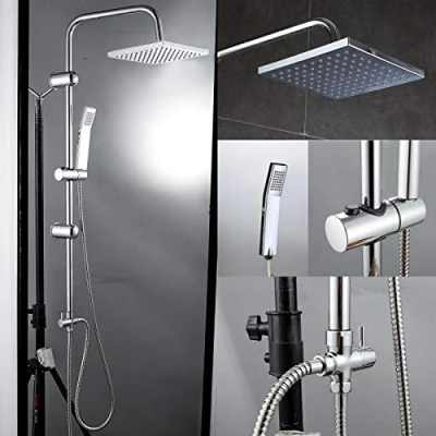Image of Luxury Chrome Shower Riser Rail Mixer Bathroom System with Stainless Hose Handheld &amp; Head Square