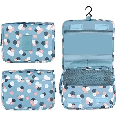 Image of Travel Toiletry Bag Hanging Wash Portable Women Girls Cosmetic Makeup Organizer with Waterproof Drawstring Bathroom Shower for Business Trip, Gym, Vacation &amp; Household (Blue Flower)