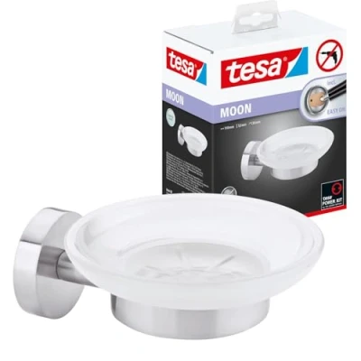 Image of tesa MOON Soap Holder No Drill Wall Mounted Satined Glass Dish with Chrome Plated Holder, Stainless Waterproof Includes Removable Glue Solution