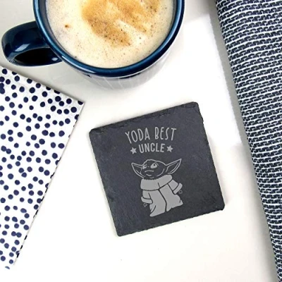 Image of eBuyGB Personalised Square Slate Coaster, Engraved Baby Yoda Star Wars Themed Drinks Mat, Funny Gifts from Niece &amp; Nephew (Yoda Best Uncle)