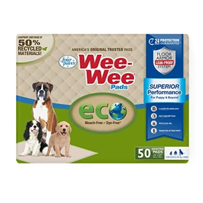 Image of Four Paws Wee Superior Performance Eco Pee Pads for Dogs &amp; Puppies House Training, 6 Layer Leak Proof Technology, Bleach Free, Dye Free Large, 56cm x 58cm (22&quot; 23&quot;), (50 Count)