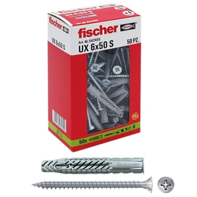 Image of fischer 542455 Dowel with UX Screw, Gray, 6 x 50 mm, Set of Pieces