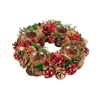 Image of Smart Garden Three Kings Ring Quartet Candle Holder Pinecones and Berries 33cm Christmas Table Décor Festive Xmas Decoration