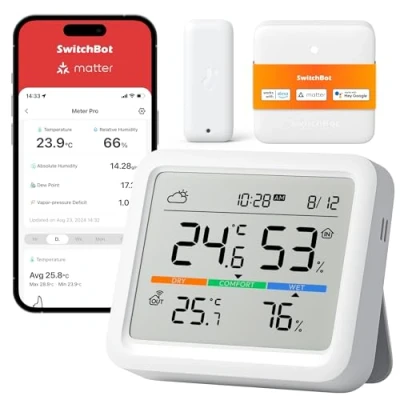 Image of SwitchBot Weather Stations with Outdoor Sensor Wireless for Home, Temperature/Humidity Monitor Alert, Date and Forecast, 120m Bluetooth Range, Free Data Storage Export, Works Alexa
