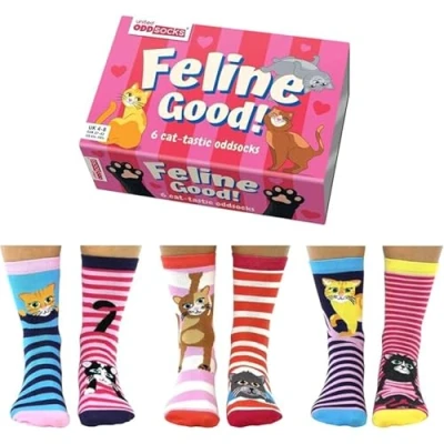 Image of United Odd Socks 6 Packmottomotive Socks, Women&#039;s, Size: 3,5 7,5, Feline good