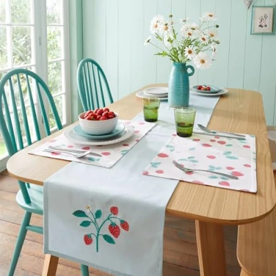 Image of Catherine Lansfield Dining Strawberry Garden 32x220cm Table Runner Cream/Red