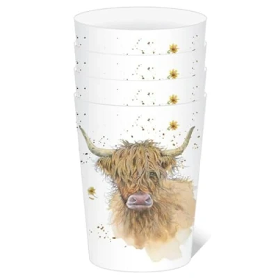 Image of Puckator Jan Pashley Highland Coo Cow 4Pc Picnic Cups 450ml Out of Recycled Plastic Bottles Tumblers Reusable Camping Mugs Set 4 Unbreakable Glasses for Kids Adults