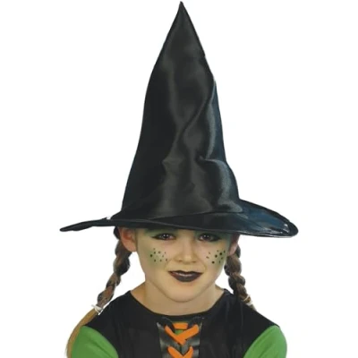 Image of Smiffys Witch Hat, Child, Black Shiny Fabric, 30cm Diameter, Halloween Child Fancy Dress, Dress Up Hats