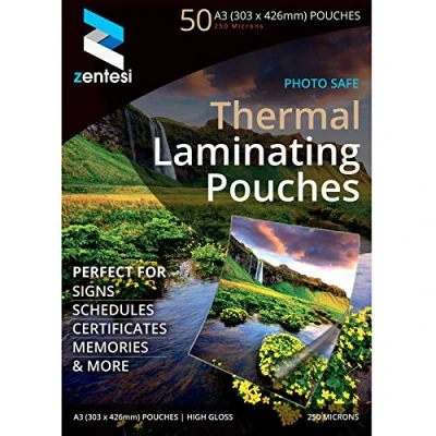 Image of Zentesi A3 Laminating Pouches High Gloss Laminator Sheets 250 Micron (125 + 125 Microns) Glossy Laminate Pouch Sleeves Pack of 50