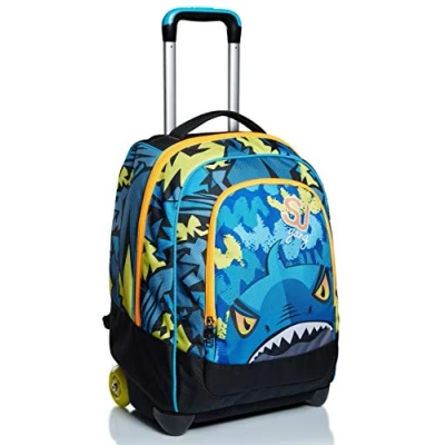 Image of SJ GANG Rolling backpack, Wheeled Book Bag, 2 in 1, Backpack + Trolley, For Teen, Girls&amp;Boys, School, Sport, Free Time, Laptop Sleeve, Italian Design, multicolor with Sharky!