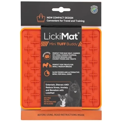 Image of LickiMat Mini Tuff Buddy Dog Food Mat, Slow Feeder LickiMat, Boredom Anxiety Relief for Dogs, Perfect Food, Treats, Yoghurt or Peanut Butter, Fun Alternative to a Bowl, Orange