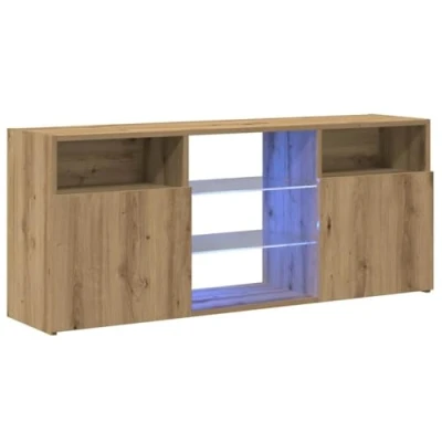 Image of vidaXL TV Cabinet with LED Lights Artisan Oak 120x30x50 cm Engineered Wood 2 Doors 4 Open Compartments Modern Style for Living Room