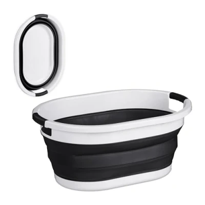 Image of Relaxdays Folding Laundry Basket, 36 L, Plastic Tub, Clothing, Collapsible Washing Storage, with Handles, Black/White, 27.5 x 61 44 cm