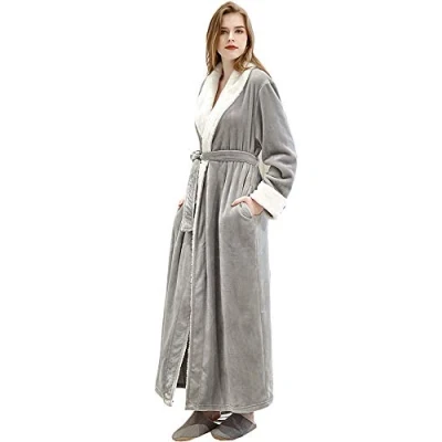 Image of Ladies Shimmer Fleece Dressing Gown Soft Plush Bathrobe Nightgown Housecoat Loungewear for Mother Wife Daughter Couple Grey XL