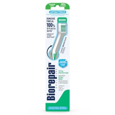 Image of Biorepair , Total Protection Toothbrush, Antibacterial, Clinically Tested, with Medium Bristles, Patented Curved Shape, Inhibits Bacterial Growth by Up to 90%, Removes 100% of Plaque