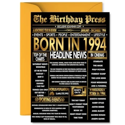 Image of Gold 31st Birthday Card for Men Women Black &amp; Golden Newspaper Born in 1994 Happy 31 Cards Friend Sister Neighbour Brother Wife Son, 5x7 Inch Bday Greeting