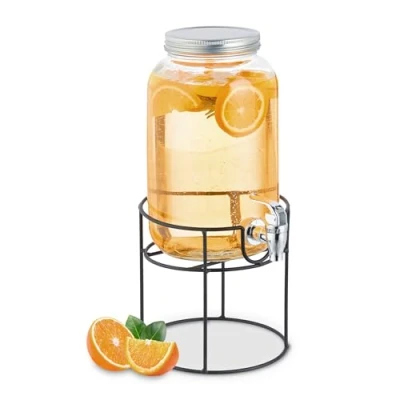 Image of Relaxdays Beverage Dispenser with Insert, Tap &amp; Lid, Glass, Lemonade Container, Water Reservoir, 3.3 litres, Transparent, Steel, 67 x 117.5 74 cm