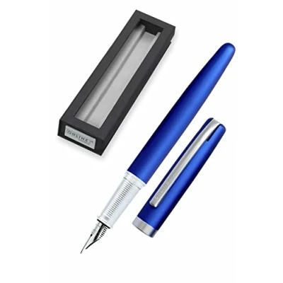 Image of Online Eleganza Fountain Pen I Satin Blue Nib Size M Metal Clip Includes Ink Cartridge for Standard Cartridges Or Converter In Gift Box