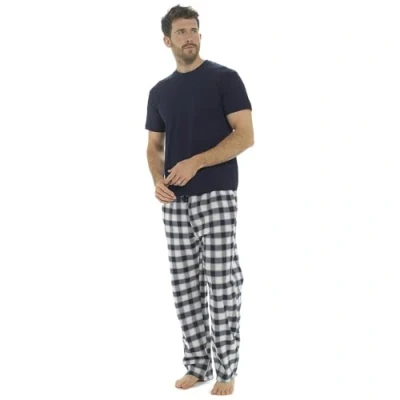 Image of A2Z Mens Pyjama Jersey Short Sleeve T Shirt Woven Check Pants PJS Pyjamas Set PM239 Navy L