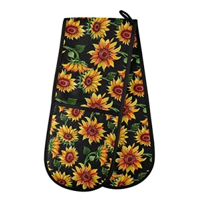 Image of TropicalLife Double Oven Glove Mitts Heat Resistant Pot Holders for Home Kitchen Cooking Baking Outdoor BBQ (Sunflower Leaves)