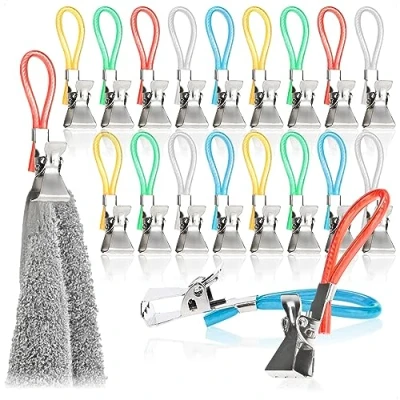 Image of com four® 20x towel holder clips made of plastic and chrome plated metal colorful for towels, washcloths, bath sponges loop hanger pot holders &amp; tea towels (20 piece)