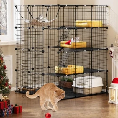 Image of YITAHOME 4 Tier Cat Cage Large Enclosures with Hammock Detachable Metal Wire Crate Kennels Indoor/Outdoor Small Animal House Fence for 1 Cats,DIY Pet Playpen, 105 x 140 cm
