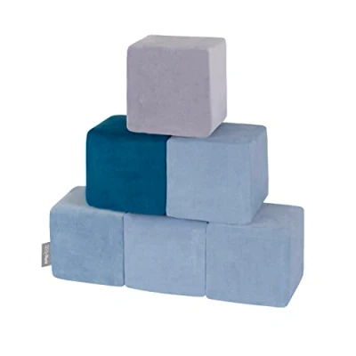Image of KiddyMoon Soft Foam Velvet Cubes Building Blocks 14Cm For Children Montessori Toy Babies, Certified Made In EU, 6 Pieces, Cubes:Lagoon Turquoise Ice Blue Grey Mountains