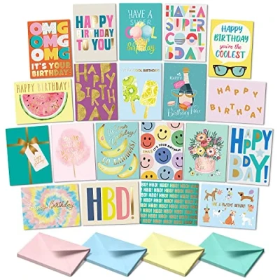 Image of SWEETZER &amp; ORANGE Birthday Happy Cards with Envelopes and Card Assortment Box. Cute Set of 20 Assorted Envelopes, Bulk Greeting III