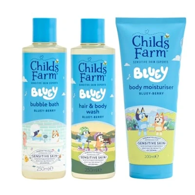 Image of Childs Farm Bluey Regime Bundle Berry Bubble Bath (250ml), Hair &amp; Body Wash (250ml) and Moisturiser (200ml) Suitable for Newborns, Kids Adults with Sensitive, Dry Eczema Prone Skin