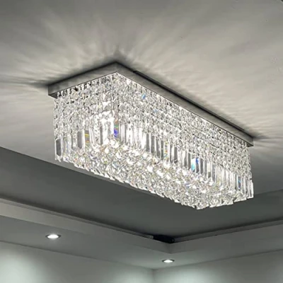 Image of A1A9 Modern Crystal Chandelier Lights Luxury Rectangle Raindrop Elegant Ceiling Light Chrome Flush Mount LED Pendant Lighting Fixture for Livingroom, Dining Room, Foyer, Stairway, Lounge, Bar, Club