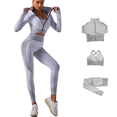Image of Veriliss Women&#039;s 3pcs Gym Tracksuit Sweatsuit Activewear Sets 2024 Sport Yoga Fitness Clothing Ladies Workout Outfit Sportsuits for Running Jogging (Grey, M)