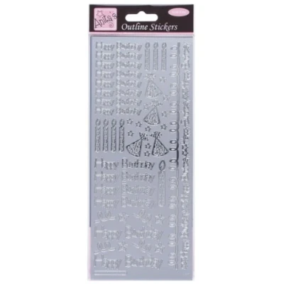 Image of Anitas Outline Stickers, Happy Birthday, Silver, For Scrapbooking, Card Making, Kids Play, Homework, Art, Craft, Embelish, Decorative, Paper, Card, Glass, Metal, Plastic, Foam
