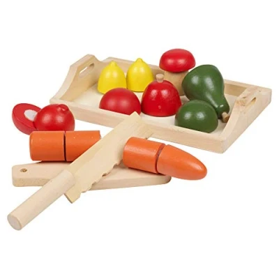 Image of URBN TOYS Large Set Of Wooden Fruit &amp; Veg or Bread Buns in Trays Pretend Play Food Cutting Toy (Fruit Veg)
