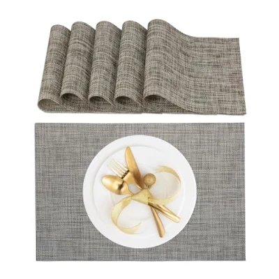 Image of Relaxdays Place Mat Set, 6X Coaster, Tableware, Drinks, Table Protector, Square, 45 x 30 cm, Polyester, Stylish, Brown, 0.1 cm