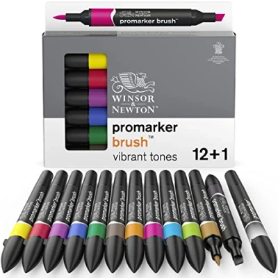 Image of Winsor &amp; Newton, Promarker Brush, Vibrant Tones, Set of 12 + 1 Blender, Alcohol Based Dual Tip Markers